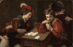 Young men playing cards Postcard