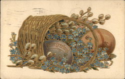 Easter Greetings with Flowers & Pussy Willows in Basket Postcard