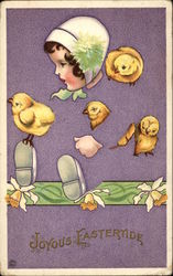 Joyous Easter with Child & Chicks With Chicks Postcard Postcard