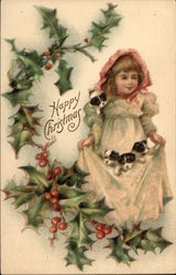 Happy Christmas with Girl, Puppies & Holly Postcard