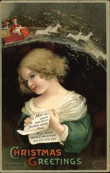 Christmas Greetings with Girl, Santa & Reindeer Postcard