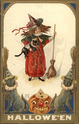 Halloween with Witch, Black Cats & Jack O'Lantern Postcard