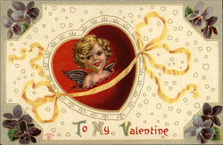 To My Valentine with Cupid, Hearts & Flowers Postcard