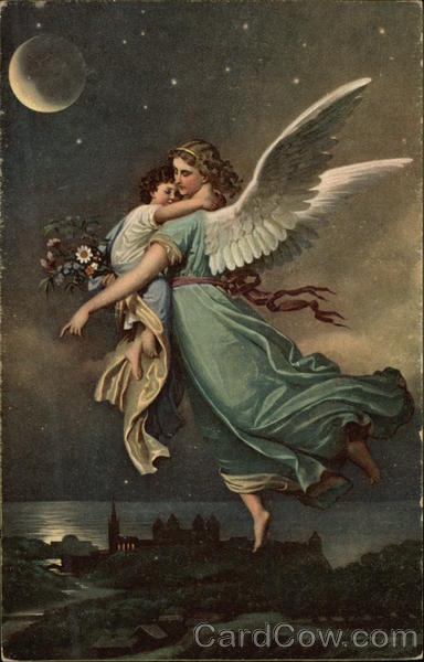 Angel holding Small Child in the Night Sky Angels