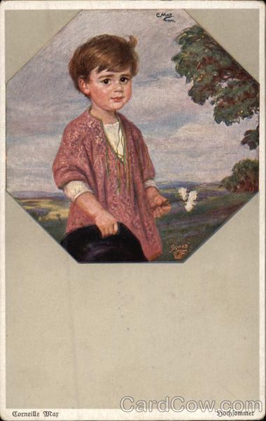 Young Boy Standing in Meadow holding Hat & Flowers
