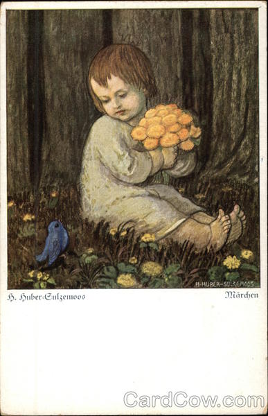 Young Child holding Flowers near a Blue Bird Girls