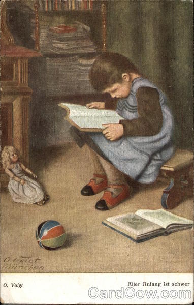 Young Girl Reading a Book with her Toys Girls