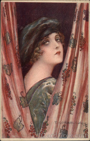 Woman in Black Beret standing behine Pink Curtains