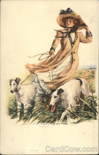 Woman in Large Hat Walking Dogs on a Windy Day Lester Ralph