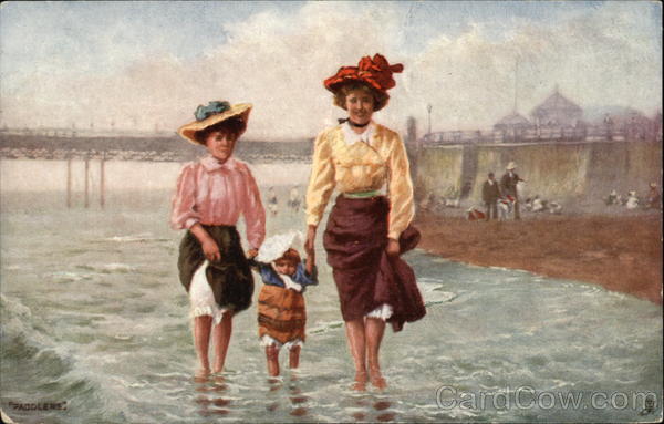 Woman Wading at the Shore with a Small Child Women