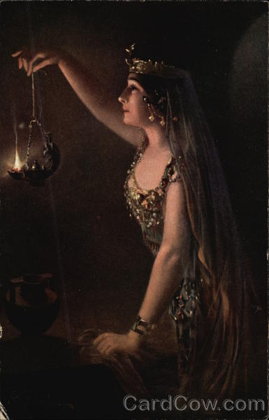 Woman in Rhinestones Holding Lit Lamp G. Rienacker