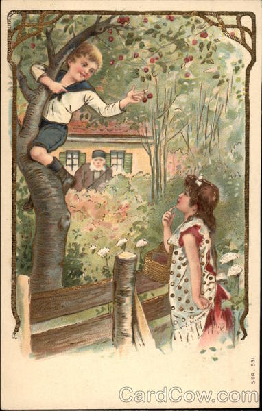 Boy and Girl Picking Cherries Children