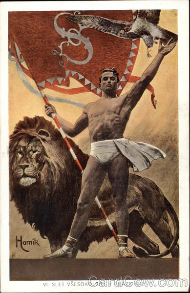 Muscle Man holding Flag beside Lion and Hawk Multiple Animals