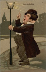 "Bead, Kindly Light!" - Fat Man holding Lamp Post Drinking Postcard Postcard