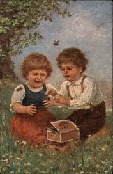 Little Girl Crying beside Little Boy with Bug Box Postcard