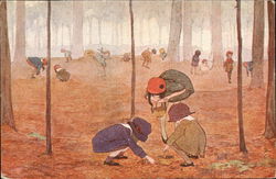 Children Gathering Mushrooms in the Forest Postcard Postcard