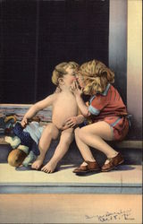 Young Boy and Girl Kissing on the Steps Postcard