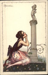 Girl Sitting at Statue of Cupid Girls Postcard Postcard