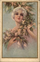 Woman with White Hair Draped in Floral Garland Postcard