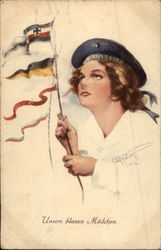 Sailor "Our Blue Girl" - Wearing Beret & Holding Flags Postcard