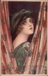 Woman in Black Beret standing behine Pink Curtains Postcard
