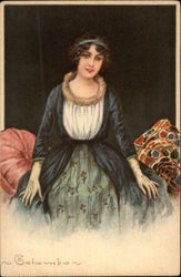 Beautiful woman surrounded by Pillows Postcard