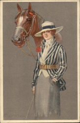 Woman in Blue standing with Horse Postcard
