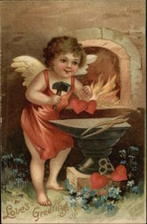Love's Greeting - Cherub Forging Hearts on Anvil Love's Greeting - Cherub Forging Hearts on Anvil