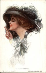 "Naughty, Naughty" Woman in large Black Hat Harrison Fisher Postcard Postcard