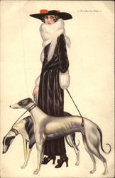 Woman in Furs with Greyhounds Postcard