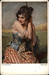 Woman Kneeling with Staff in Field Postcard