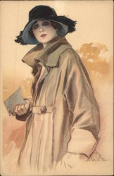 Woman in Fancy Hat and Overcoat Holds a Letter Postcard
