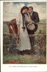Couple Standing at Meadow Fence with Horse Couples Postcard Postcard