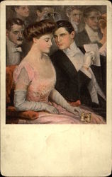 Man and Woman in Evening Attire Whisper During Theater Performance Postcard