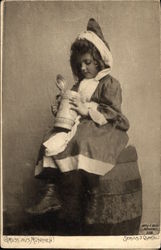 Young Girl sitting on Barrel looking into a Stein Postcard