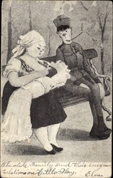 Mother Breastfeeding on a Bench and an Officer Watching Postcard