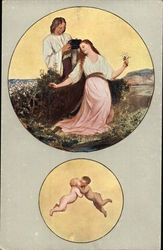 May - Couple Gathering Flowers and Cherubs Kissing Postcard