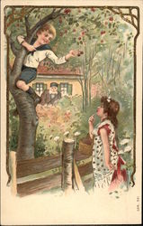 Boy and Girl Picking Cherries Postcard
