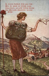 Austrian Woman Climbing Mountain With Backpack Postcard Postcard