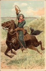 Cowboy with Lasso Riding Horse Postcard
