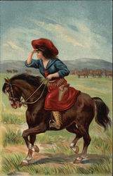 Cowgirl Riding Horseback on Prairie Postcard