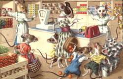 Mice Wearing Clothes at the Market Postcard Postcard