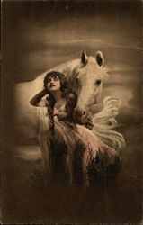 Woman Standing with White Horse in the Moonlight Woman Standing with White Horse in the Moonlight