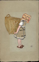 Young Girl Wearing Scarf & Carrying a Large Basket Postcard