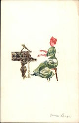 Woman Playing at Grand Piano - Made from Postage Stamps Postcard