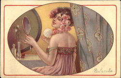Woman Sitting at Vanity using Hand Mirror Postcard