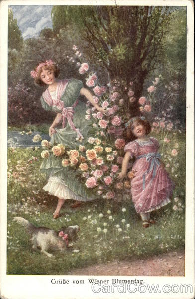 Girls Playing Among the Flowers with a Small Dog