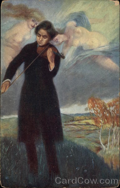 Inspiration - Man Playing Violin with Nude Femal Images Overhead