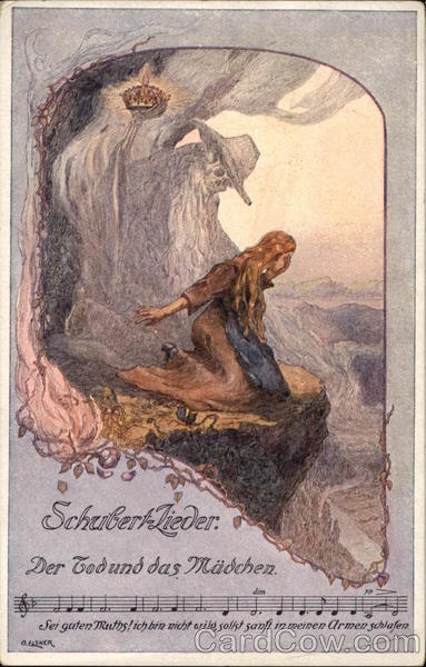 Woman on Cliff with Death Holding a Crown Art