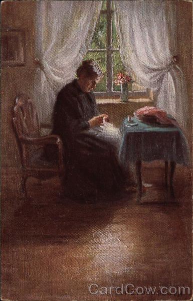 Woman in Black Sewing by the Window Women